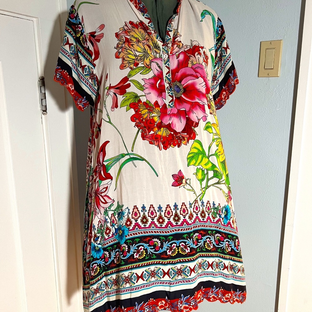 Johnny Was Large Hollywood Bold Boho Floral Cover-up A-line Tunic Mini